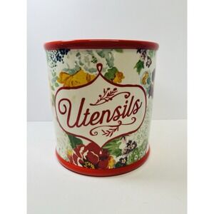 The Pioneer Woman Country Garden Stoneware Utensil Holder Large 7 inch Red Trim